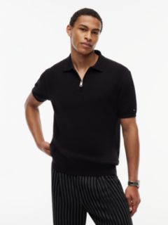 Regular Fit Textured Knit Zip Polo Shirt — Black 1