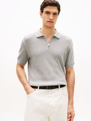 polo zippé coupe standard en maille texturée grey pour hommes tommy hilfiger