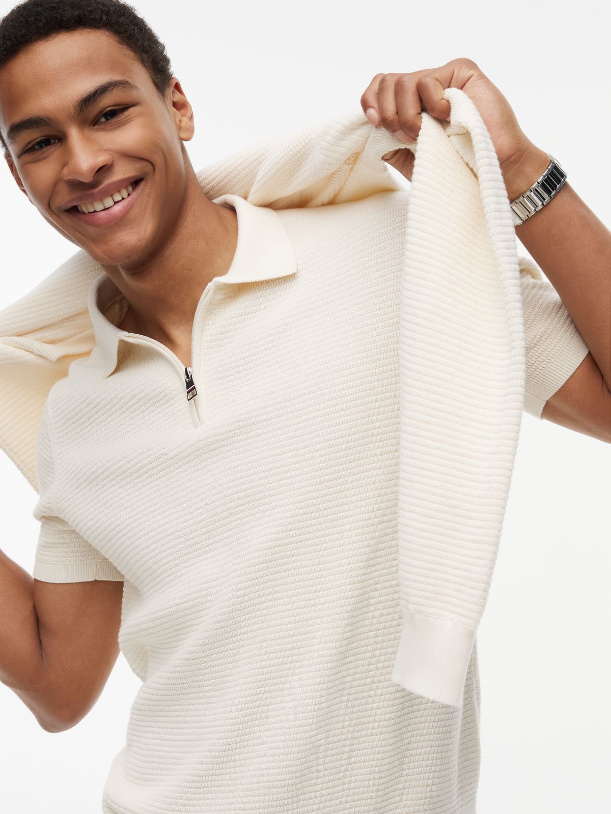 Regular Fit Textured Knit Zip Polo Shirt — Yellow