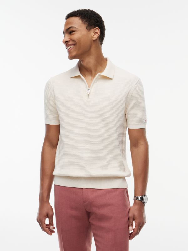 Regular Fit Textured Knit Zip Polo Shirt — Yellow