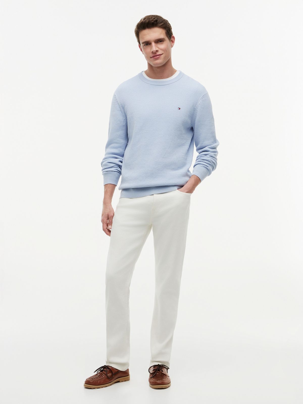 Structured Yarn Dyed Crew Neck Jumper — Blue