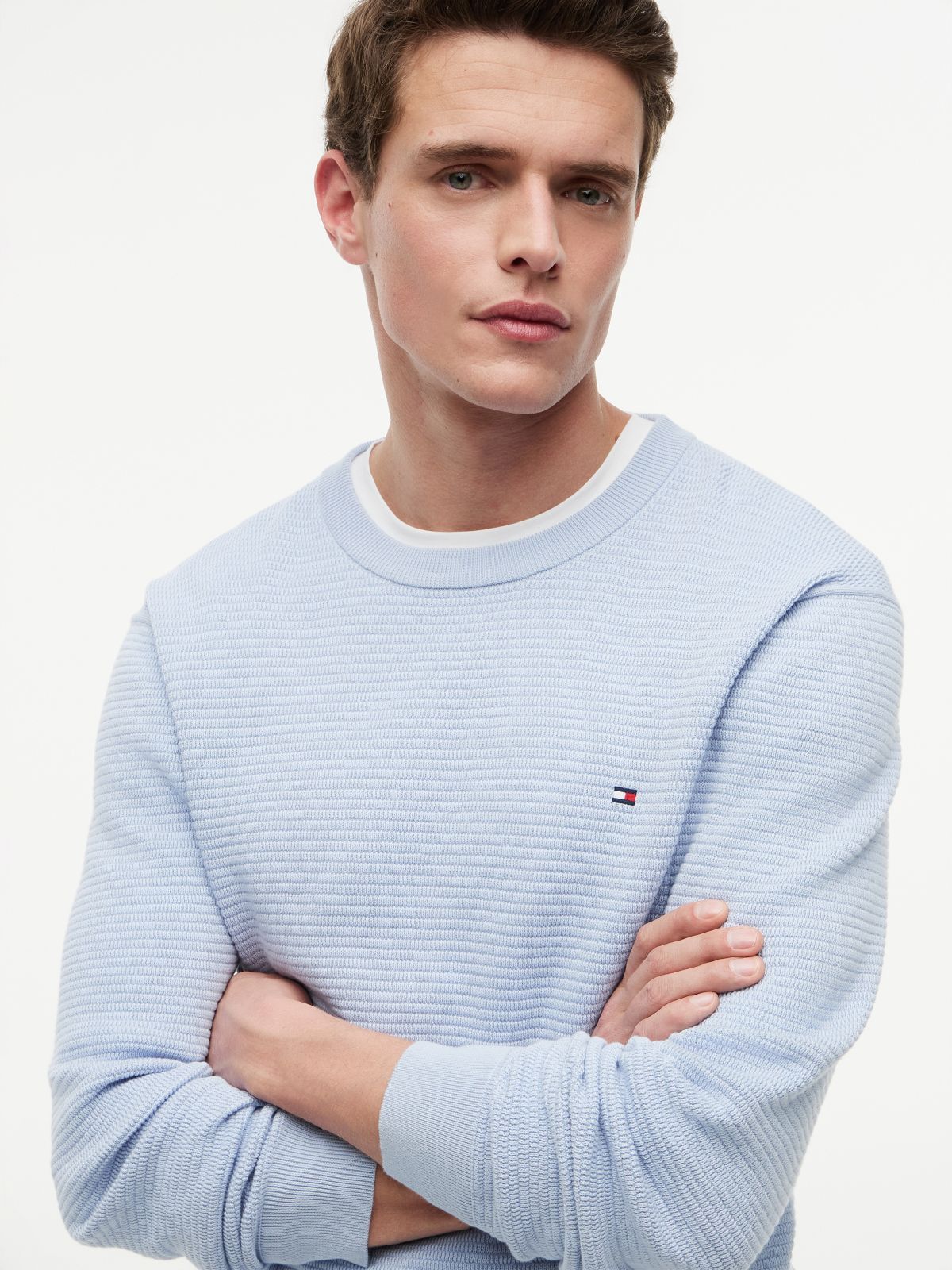 Structured Yarn Dyed Crew Neck Jumper — Blue