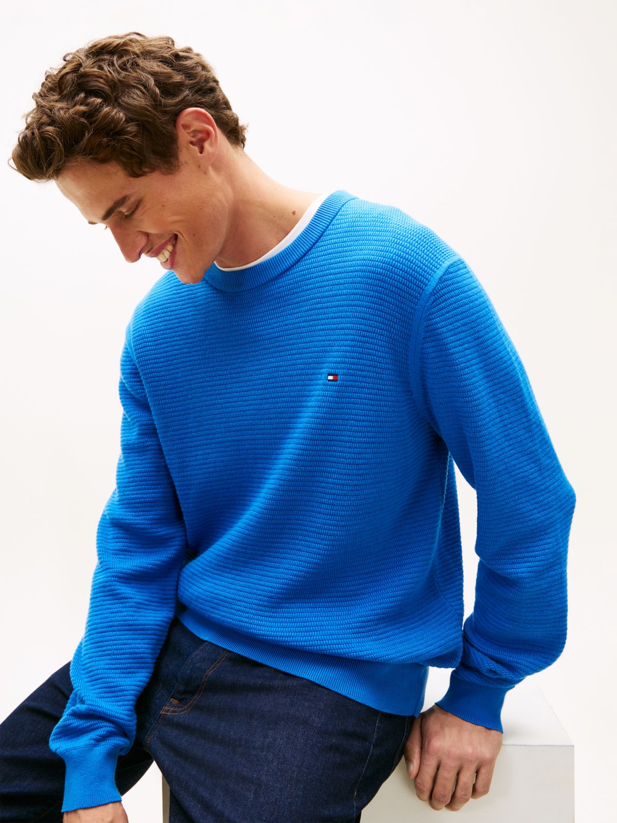 Structured Yarn Dyed Crew Neck Jumper — Blue