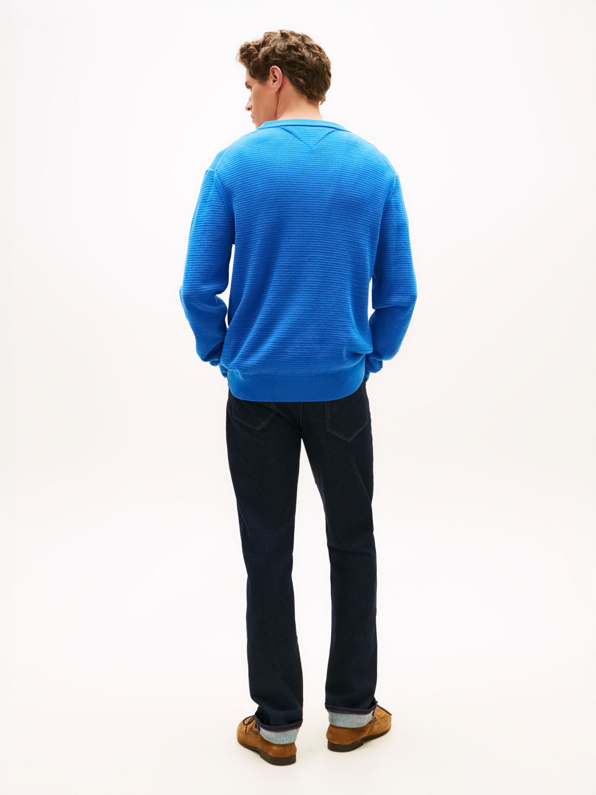 Structured Yarn Dyed Crew Neck Jumper — Blue