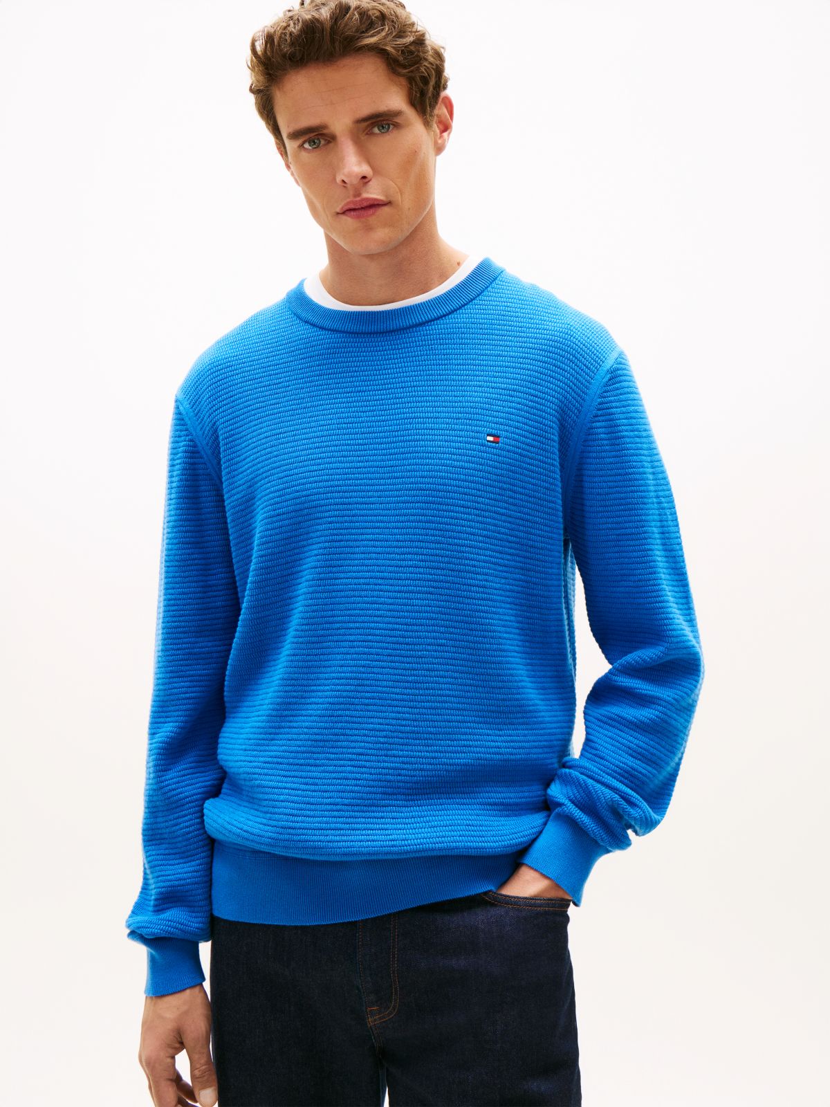 Structured Yarn Dyed Crew Neck Jumper — Blue
