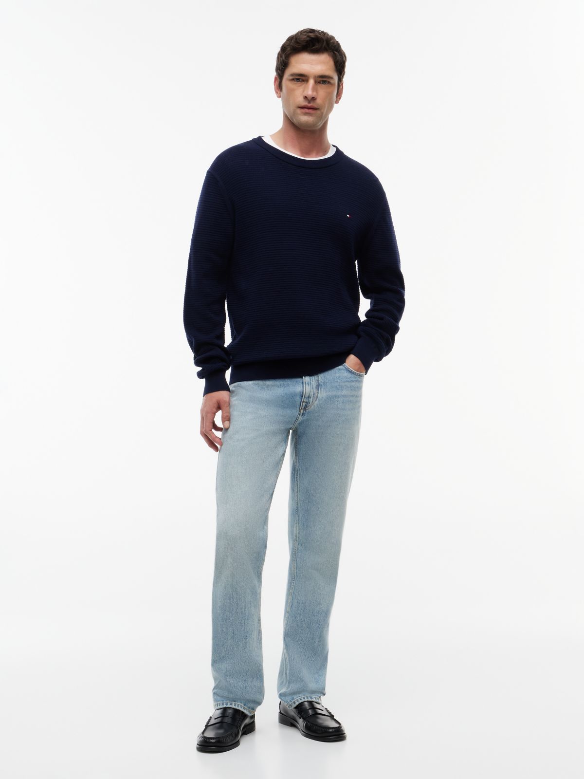 Structured Yarn Dyed Crew Neck Jumper — Blue