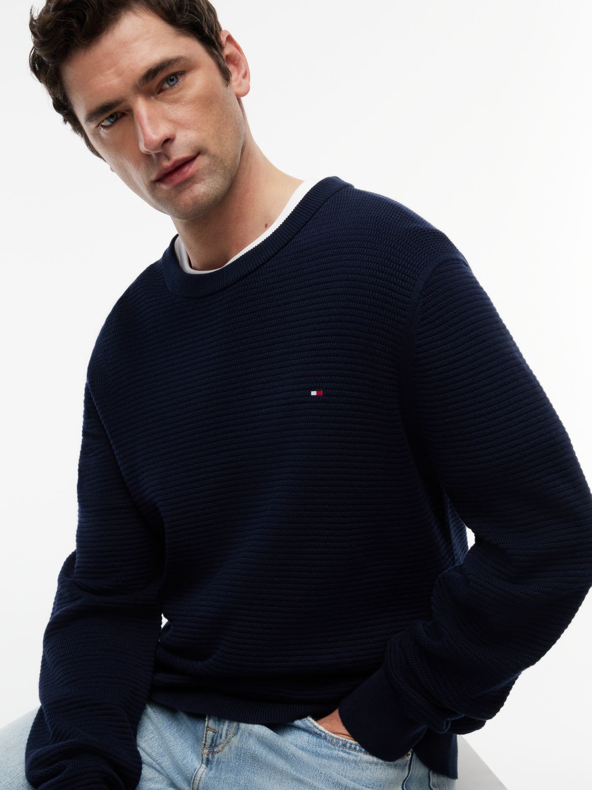Structured Yarn Dyed Crew Neck Jumper — Blue