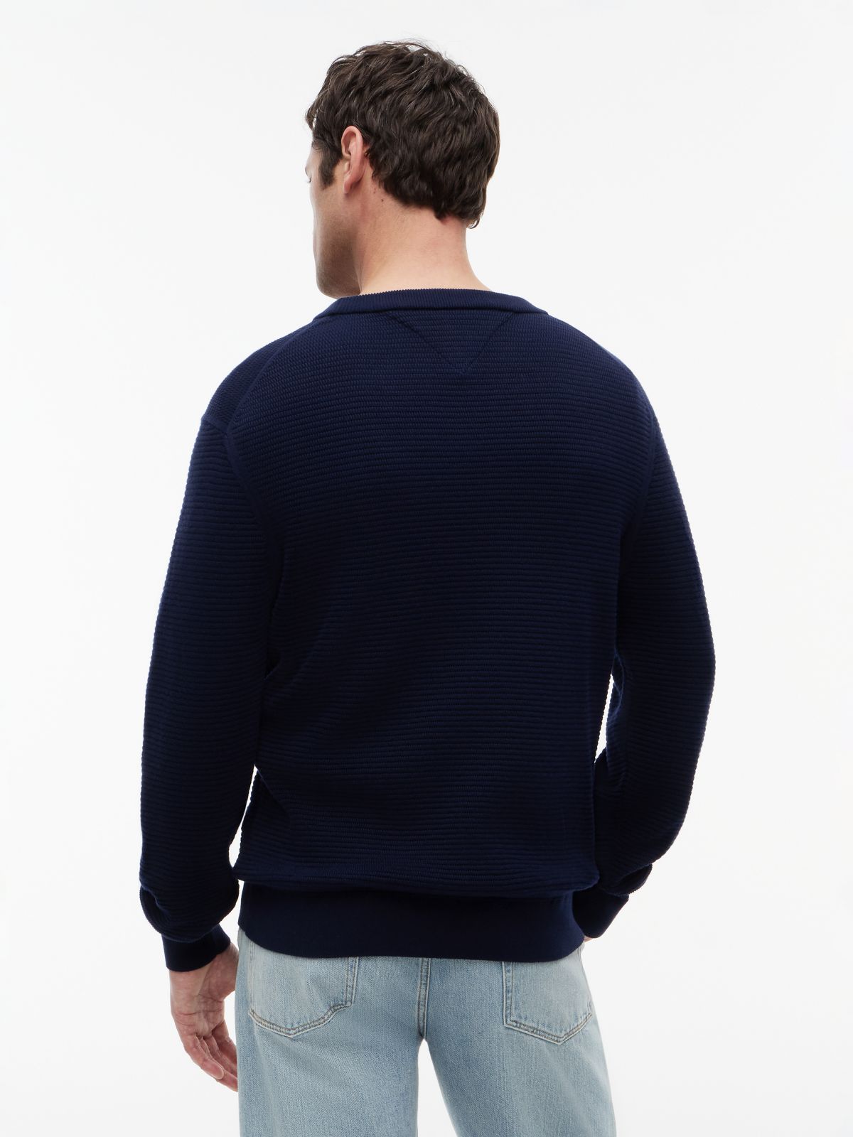 Structured Yarn Dyed Crew Neck Jumper — Blue