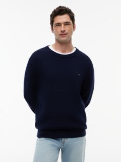 Structured Yarn Dyed Crew Neck Jumper — Blue 1