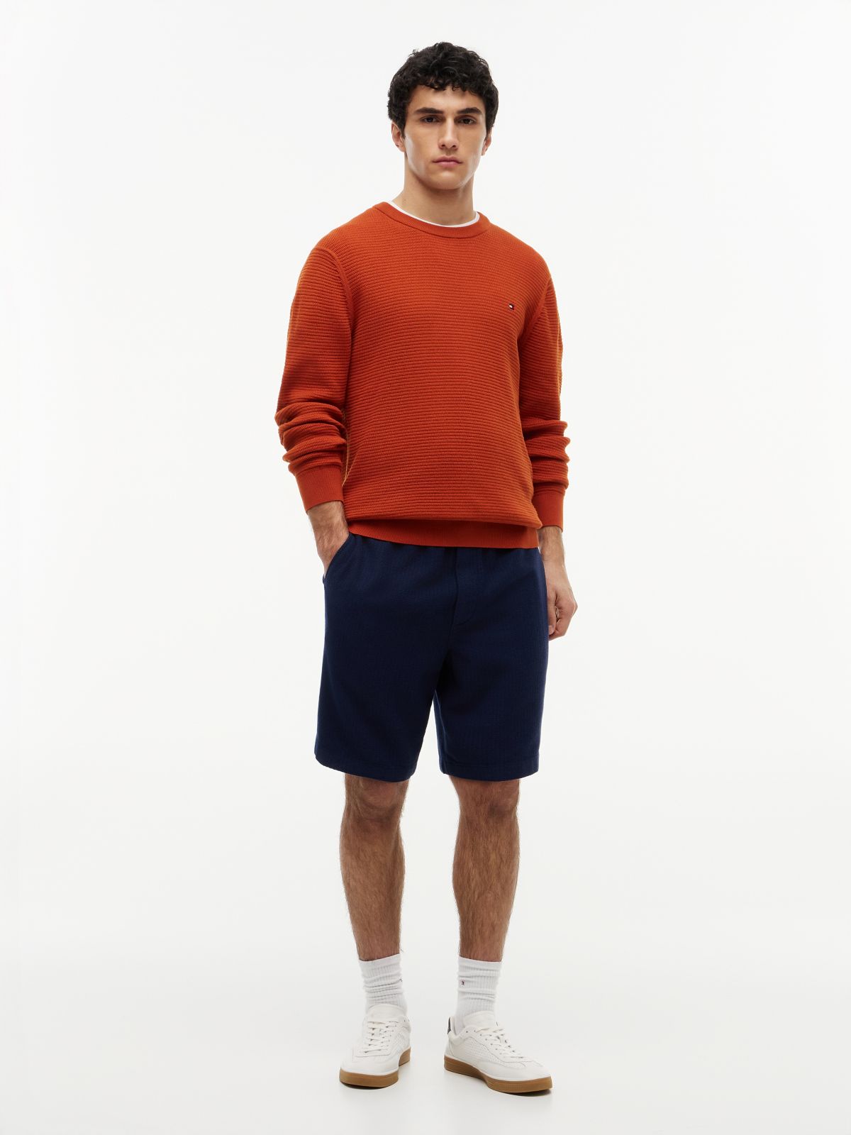 Structured Yarn Dyed Crew Neck Jumper — Orange