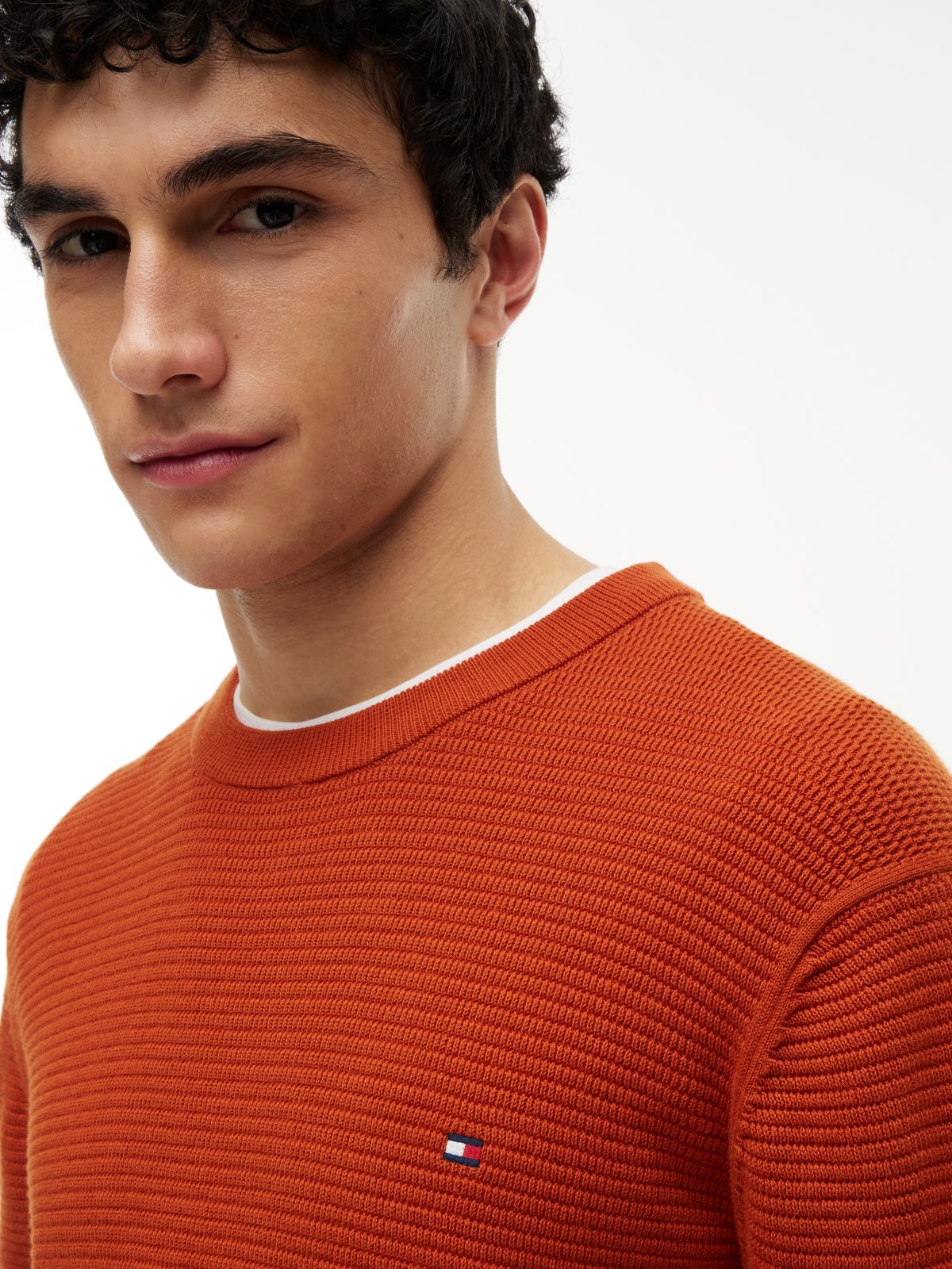 Structured Yarn Dyed Crew Neck Jumper — Orange