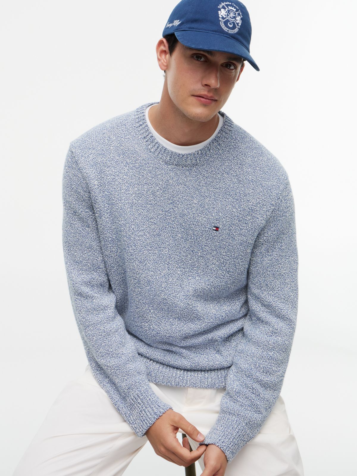 Two-Tone Bouclé Relaxed Crew Neck Jumper — Blue