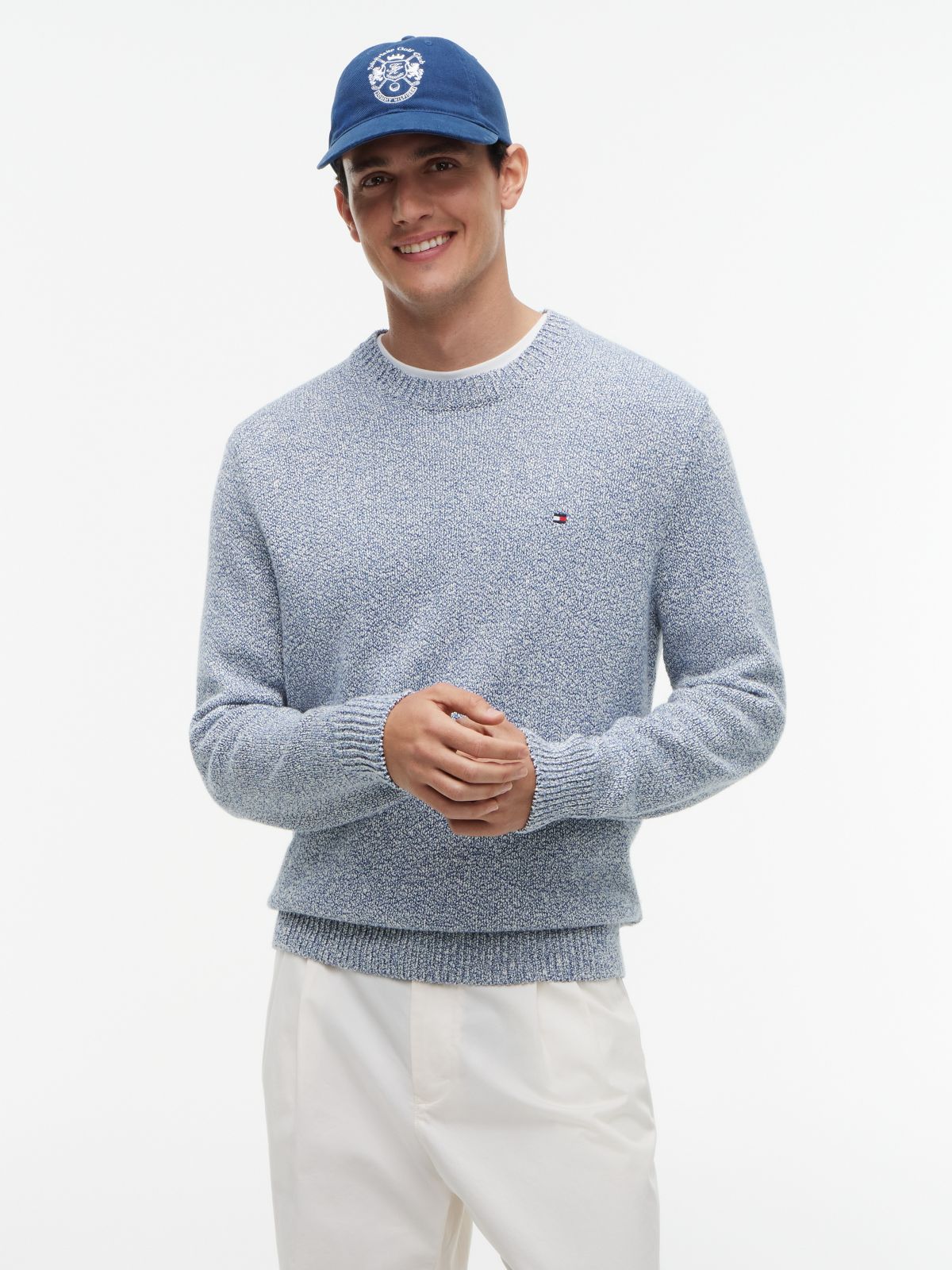 Two-Tone Bouclé Relaxed Crew Neck Jumper — Blue