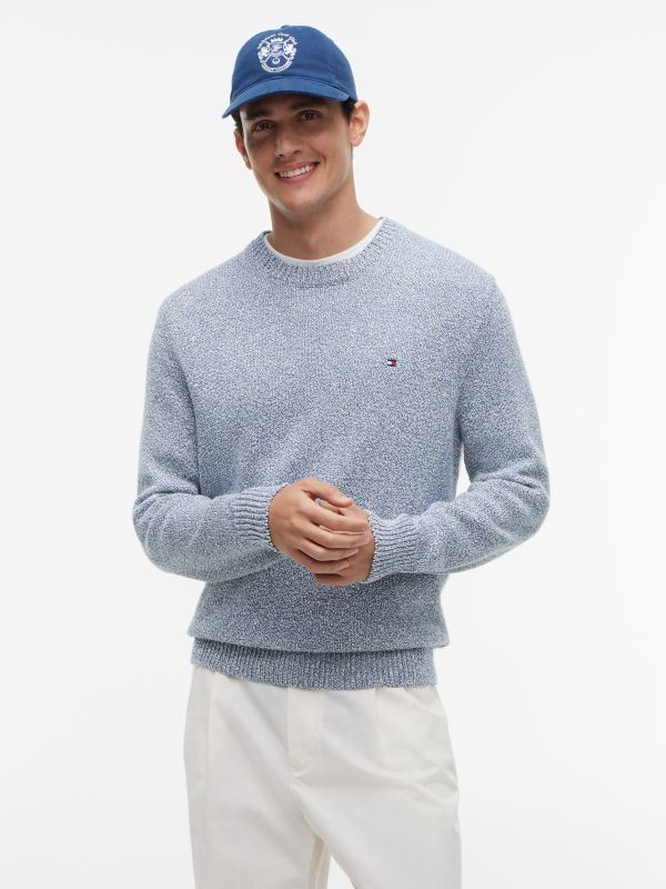 Two-Tone Bouclé Relaxed Crew Neck Jumper — Blue