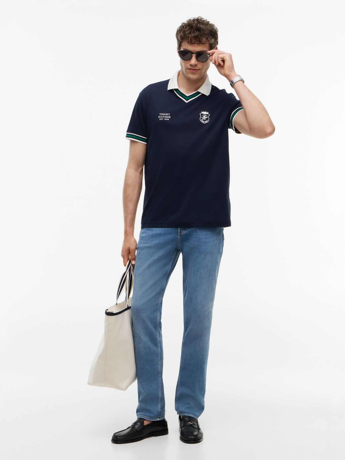 Relaxed Fit Tipped V-Neck Polo Shirt — Blue