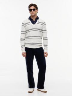 New York Label Mercerised Stripe V-Neck Jumper — White 2