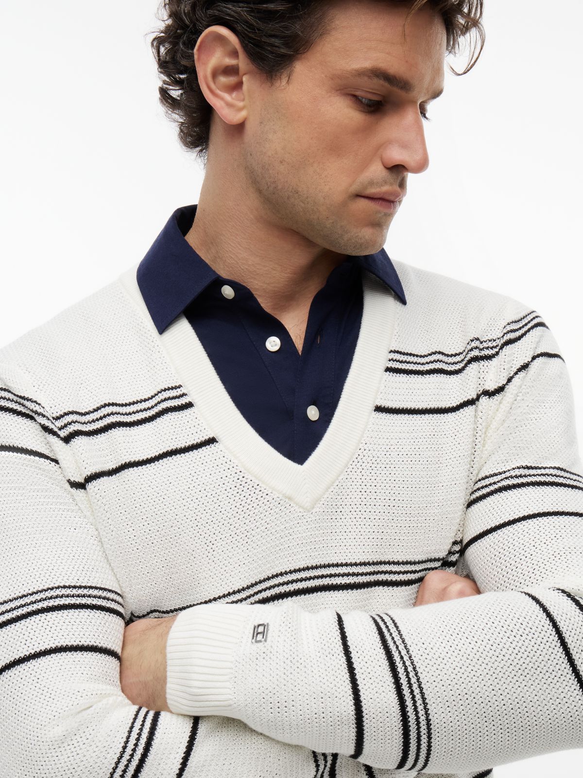 New York Label Mercerised Stripe V-Neck Jumper — White