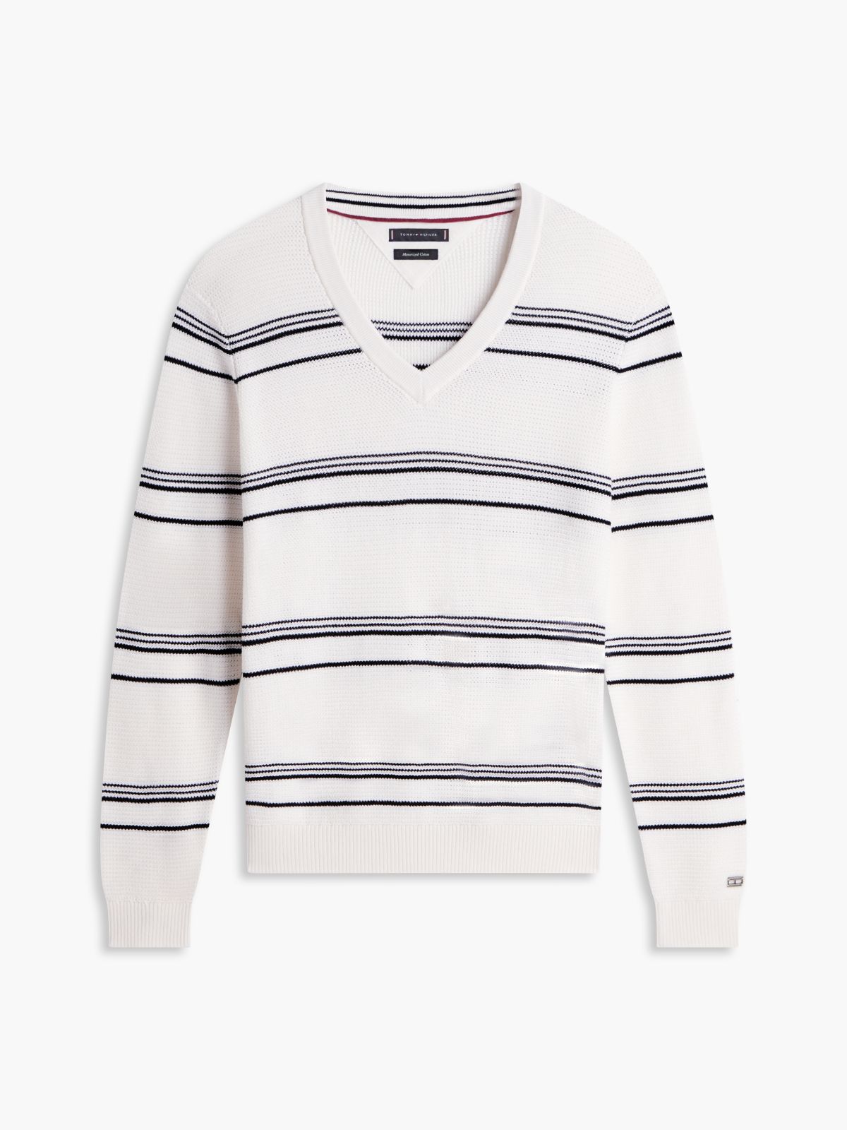 New York Label Mercerised Stripe V-Neck Jumper — White