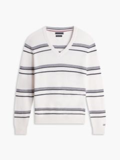 New York Label Mercerised Stripe V-Neck Jumper — White 5