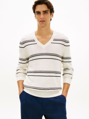 white smart casual mercerised stripe v-neck jumper for men tommy hilfiger