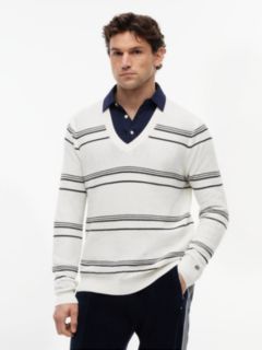 New York Label Mercerised Stripe V-Neck Jumper — White 1