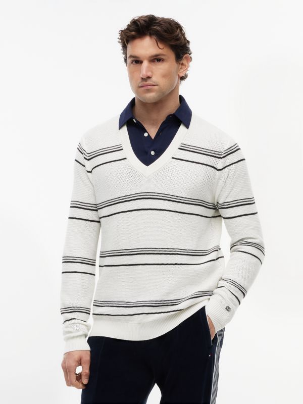 New York Label Mercerised Stripe V-Neck Jumper — White