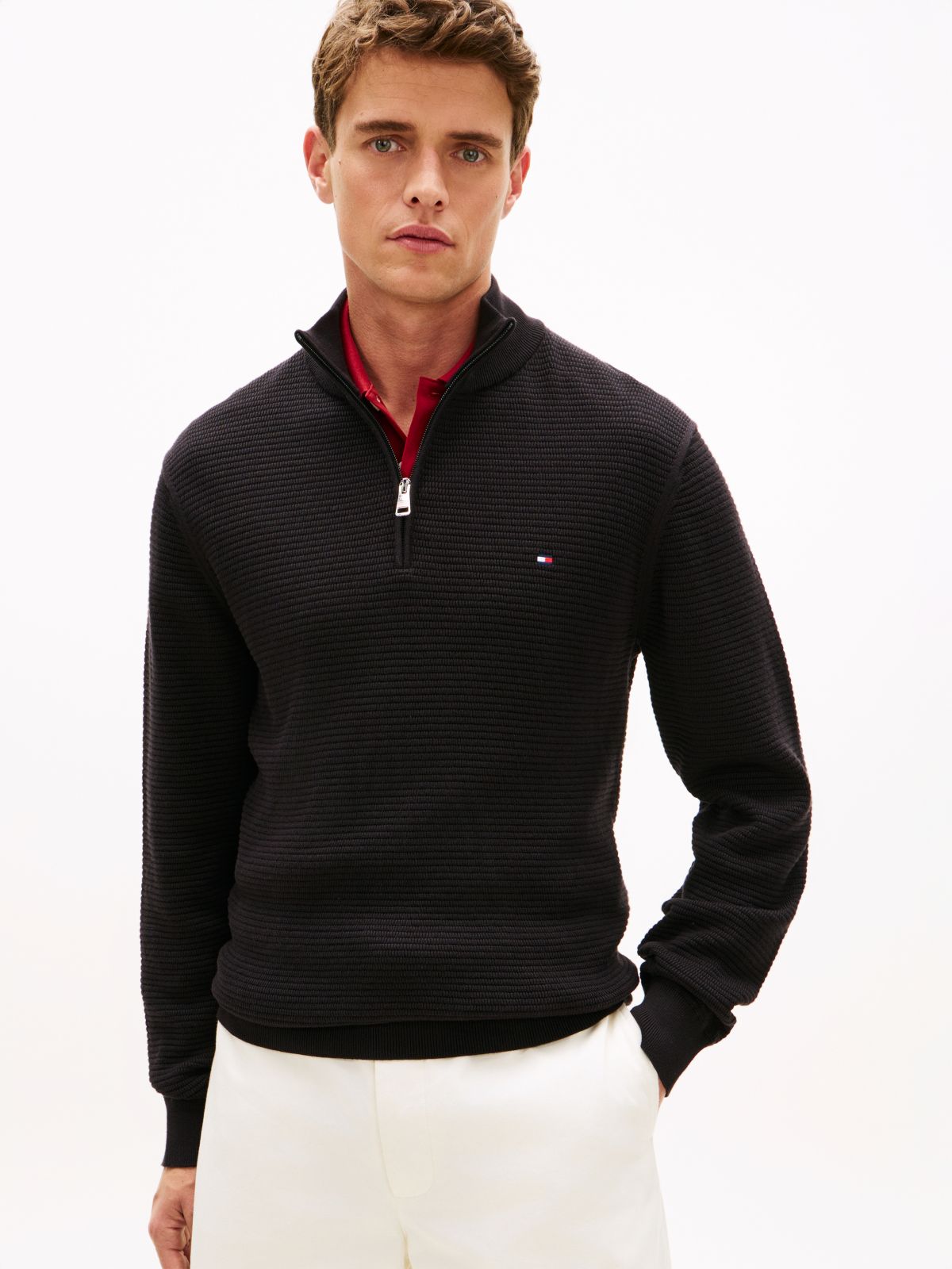 Textured Quarter-Zip Mock Neck Jumper — Black