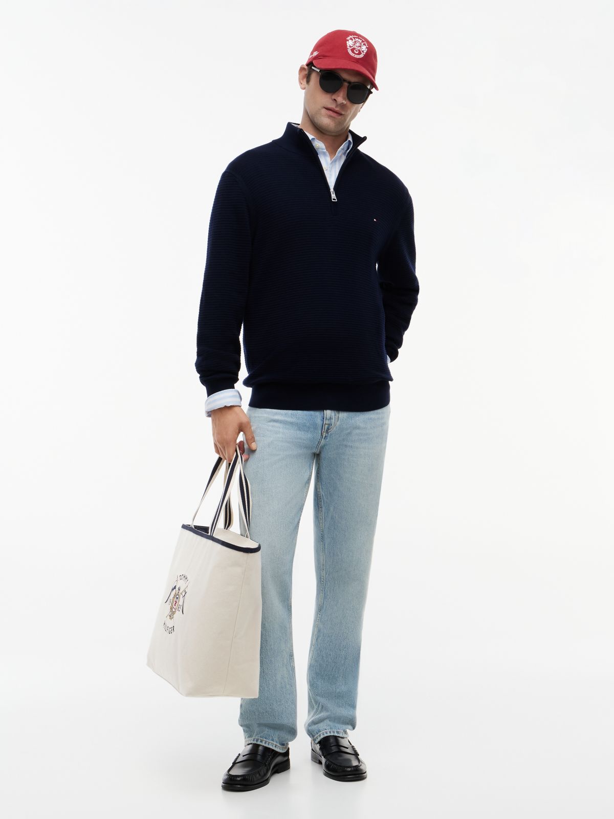 Textured Quarter-Zip Mock Neck Jumper — Blue