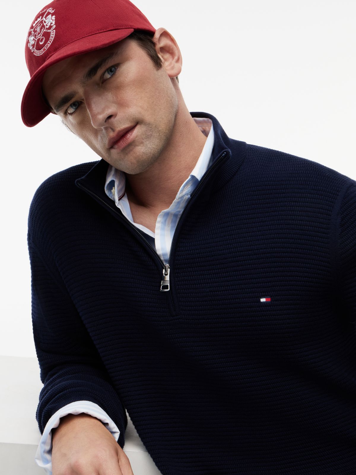 Textured Quarter-Zip Mock Neck Jumper — Blue