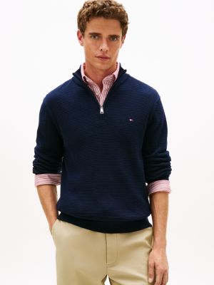 blue textured half-zip mock neck jumper for men tommy hilfiger