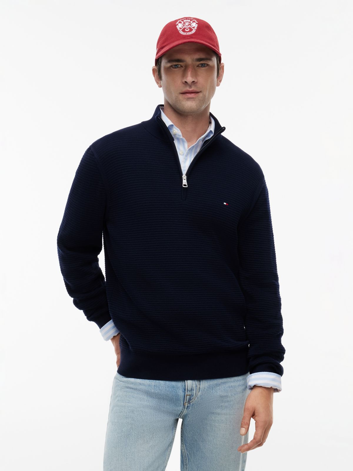 Textured Quarter-Zip Mock Neck Jumper — Blue