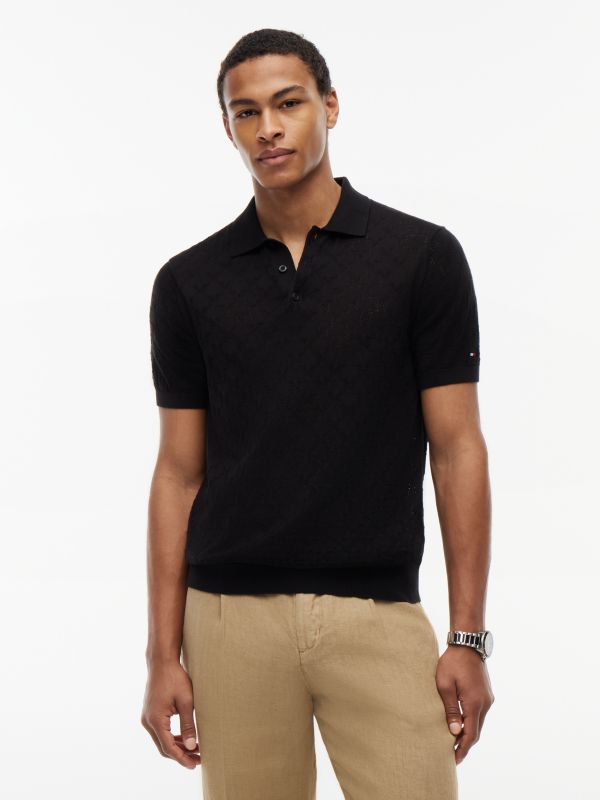 Regular Fit Pointelle Polo Shirt — Black