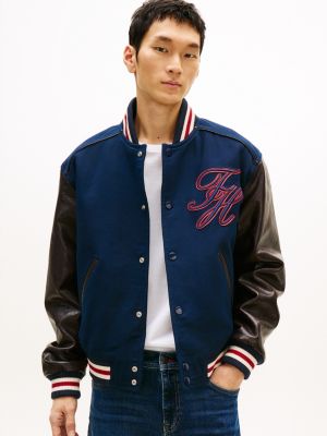 blue contrast sleeve leather varsity jacket for men tommy hilfiger
