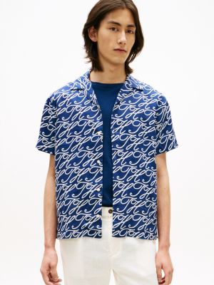 blue regular fit kurzarmhemd aus reinem leinen für herren - tommy hilfiger