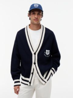 Crest Appliqué Athleisure V-Neck Cardigan — Blue 1