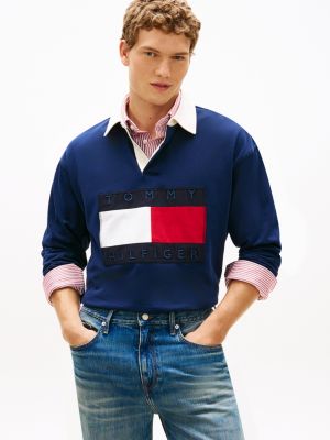 blue relaxed fit rugby-shirt mit flag-logo für herren - tommy hilfiger
