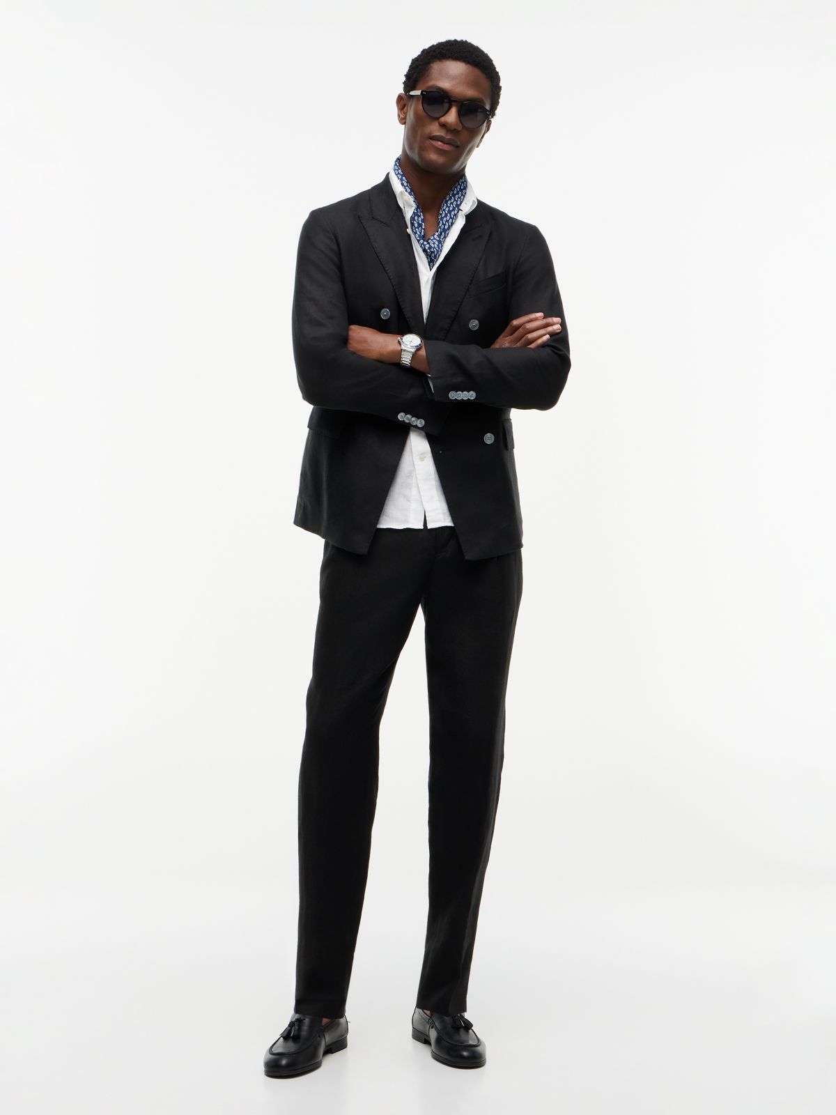 New York Label Tapered Leg Pure Linen Trousers — Black