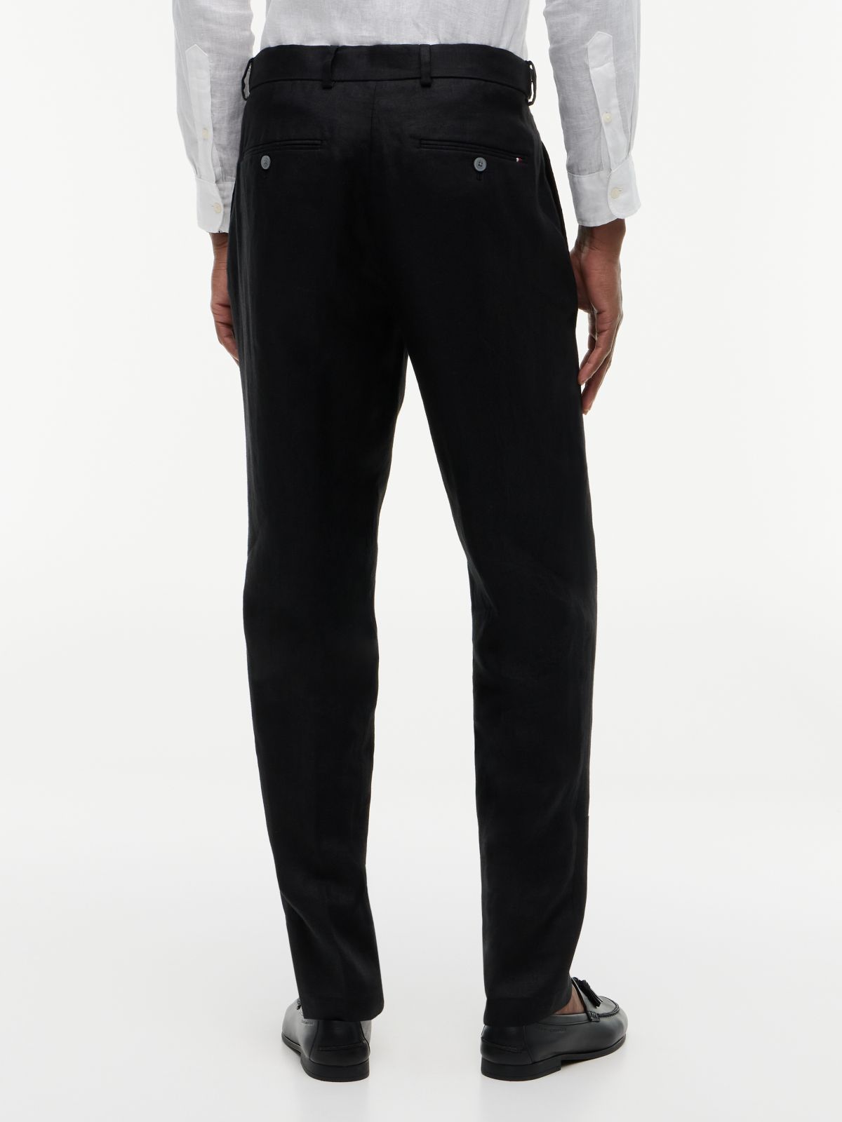 New York Label Tapered Leg Pure Linen Trousers — Black