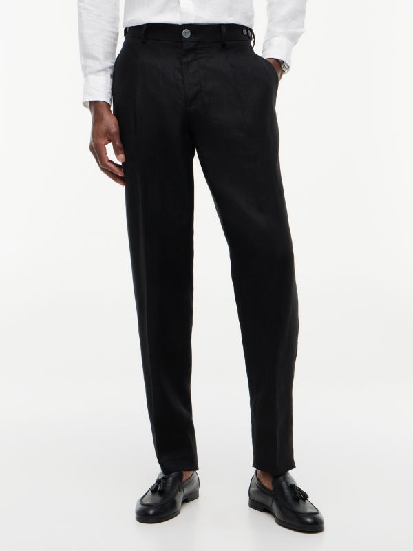 New York Label Tapered Leg Pure Linen Trousers — Black