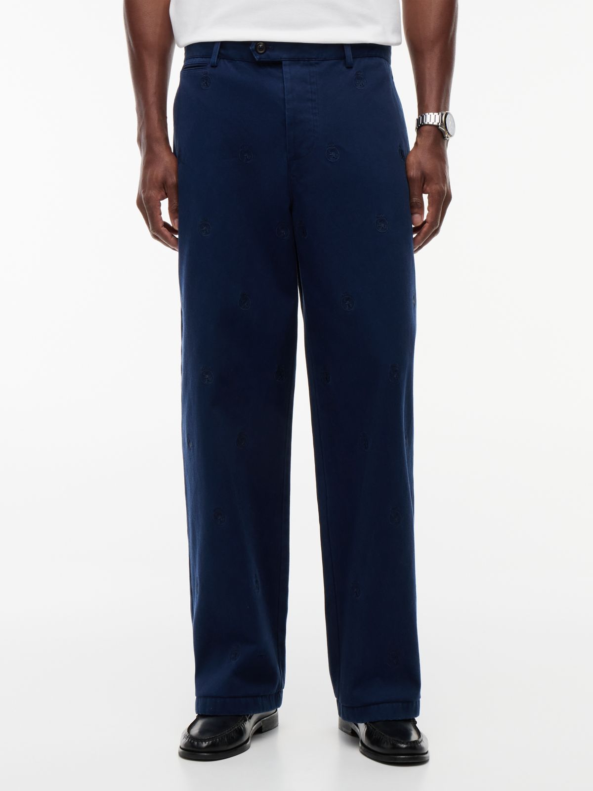 Crest Embroidery Loose Twill Chinos — Blue
