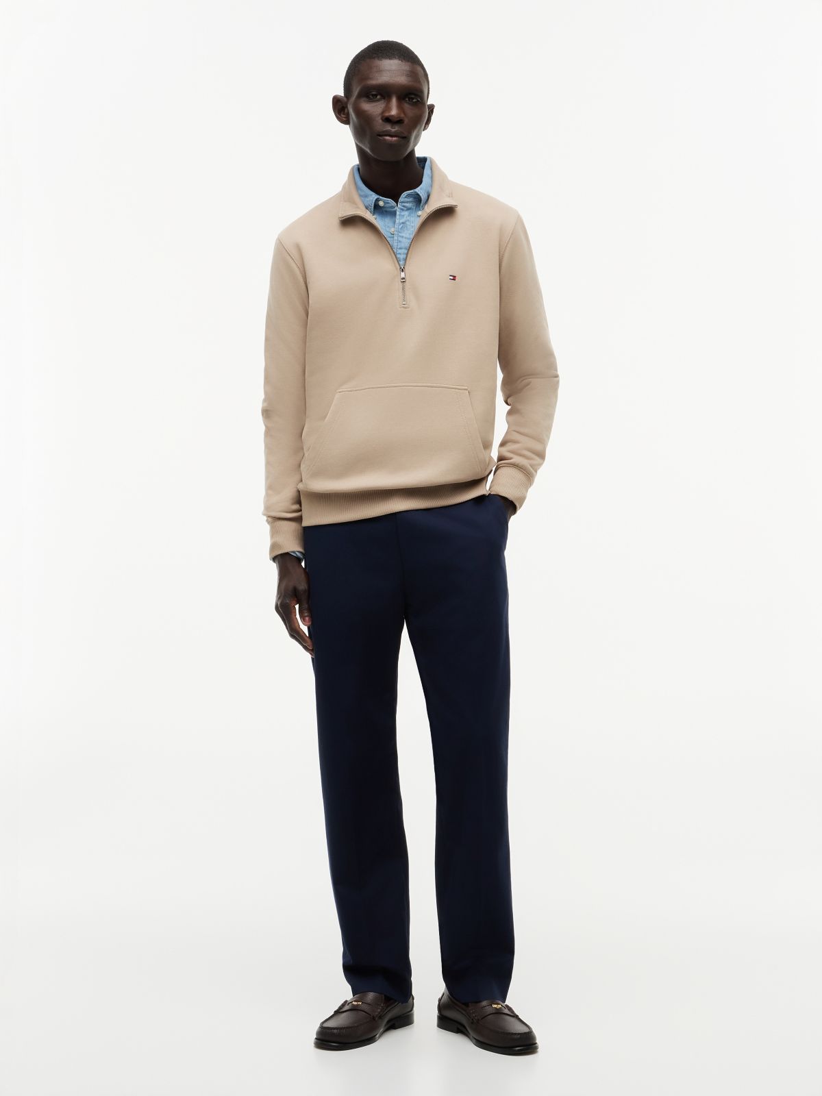 Flag Embroidery Terry Quarter-Zip Sweatshirt — Khaki