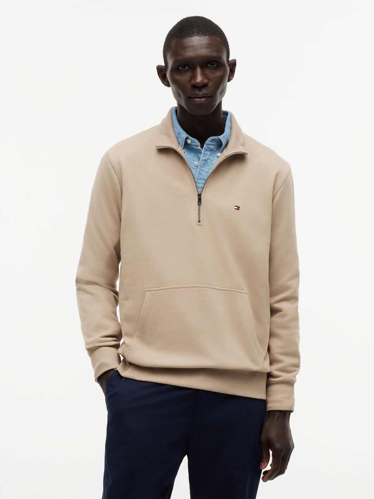 Flag Embroidery Terry Quarter-Zip Sweatshirt — Khaki