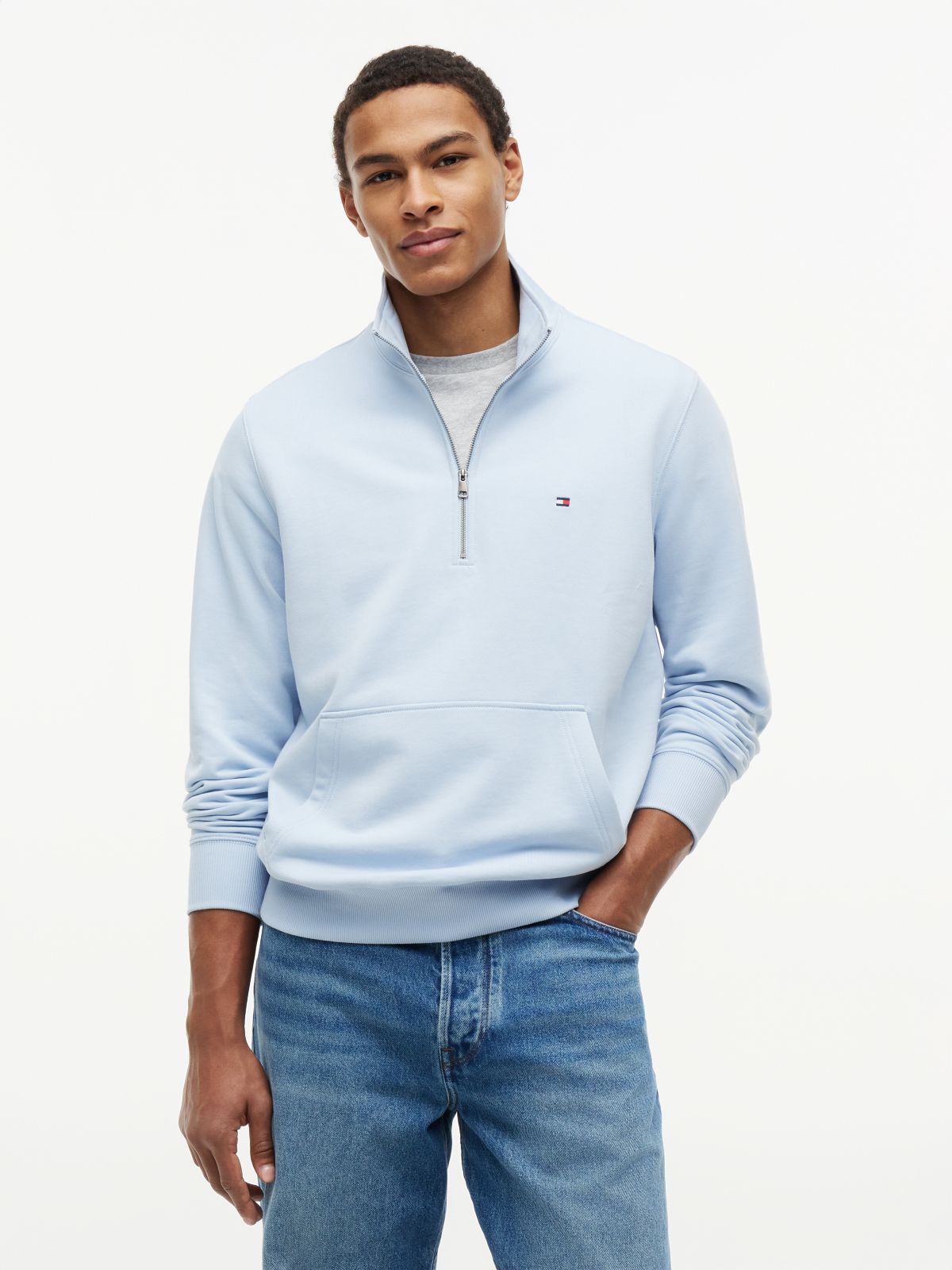 Flag Embroidery Terry Quarter-Zip Sweatshirt — Blue