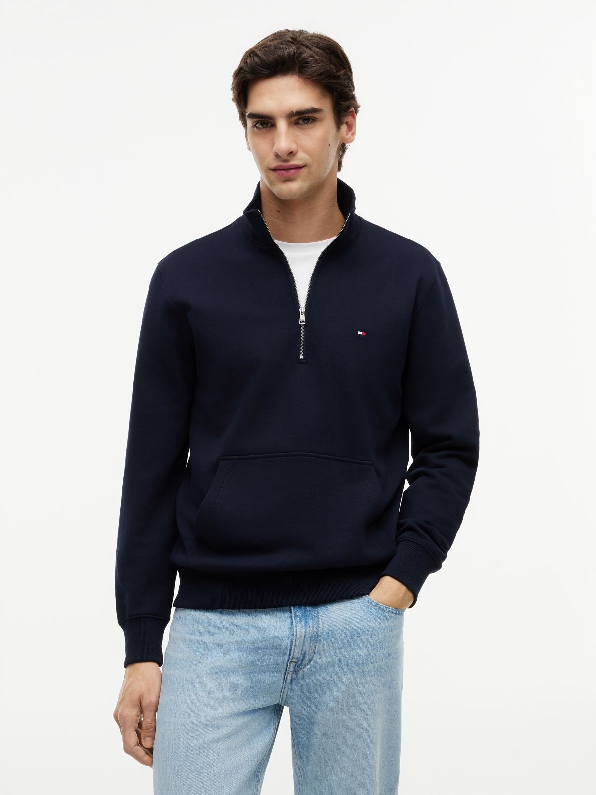 Flag Embroidery Terry Quarter-Zip Sweatshirt — Blue