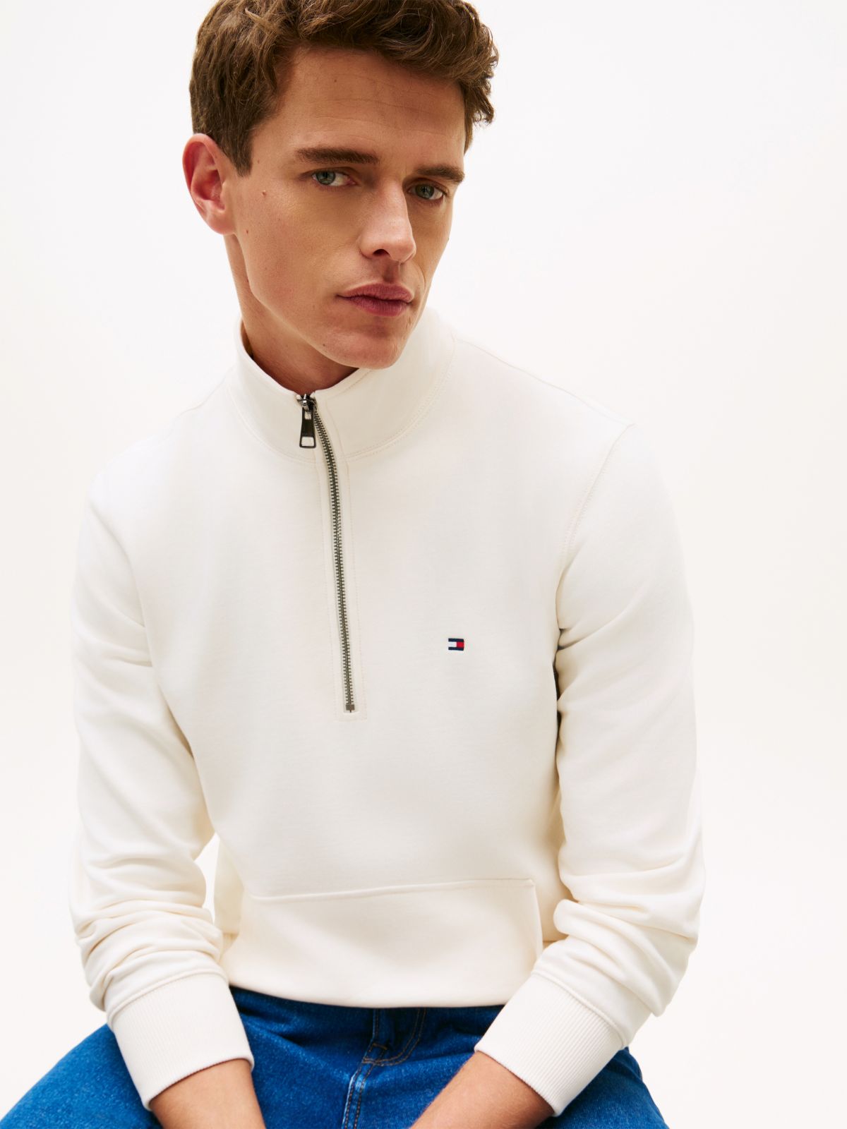 Flag Embroidery Terry Quarter-Zip Sweatshirt — Yellow
