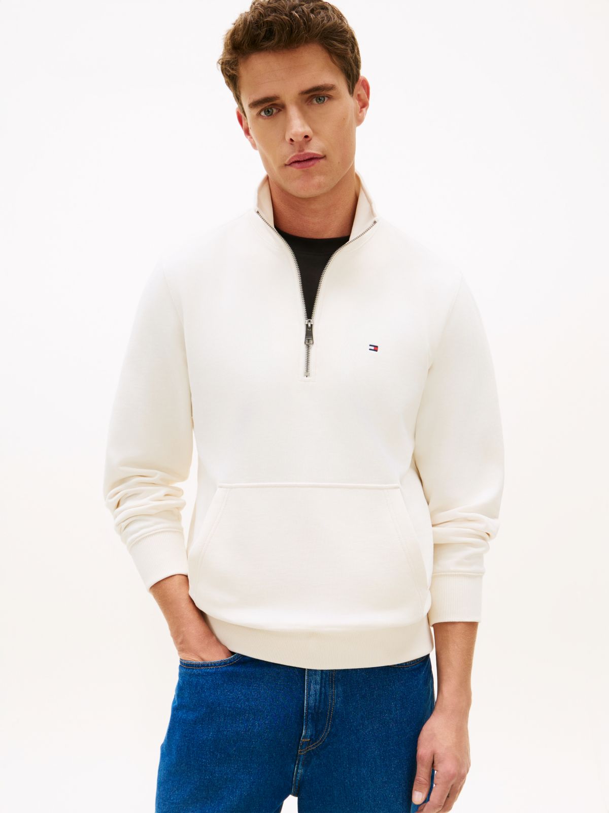 Flag Embroidery Terry Quarter-Zip Sweatshirt — Yellow