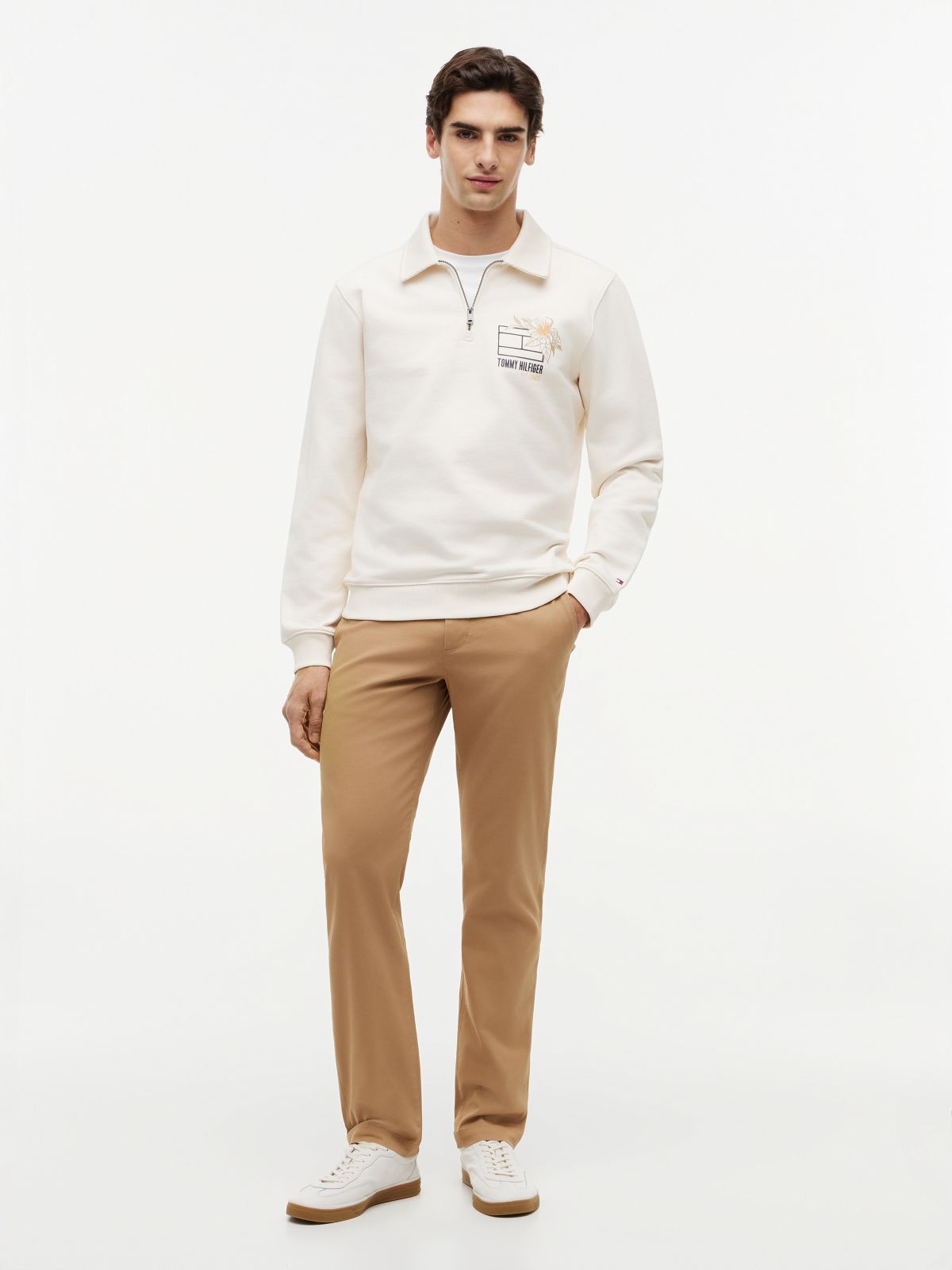 Graphic Quarter-Zip Rugby Sweatshirt — Beige