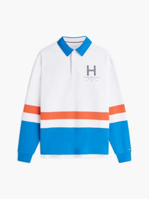 white relaxed fit colour-blocked rugby shirt for men tommy hilfiger