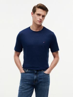 blue pure linen jersey crew neck t-shirt for men tommy hilfiger