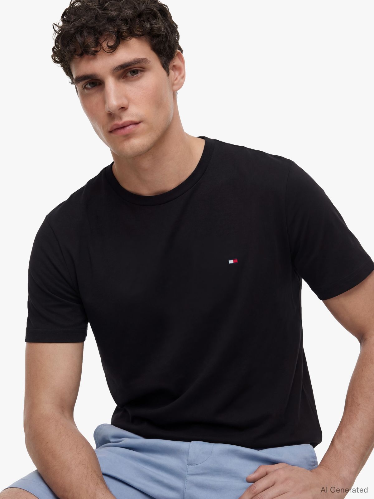 Flag Embroidery Textured Crew Neck T-Shirt — Black